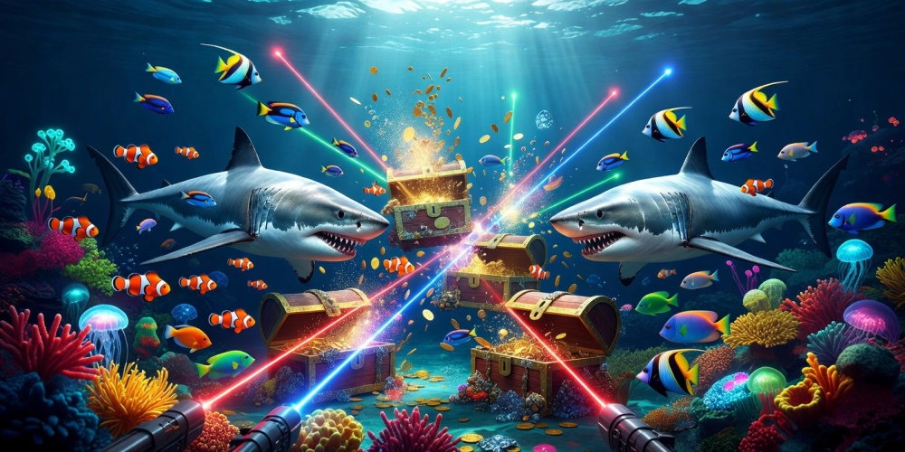 Giao diện trò chơi bắn cá đại dương nh88 với hiệu ứng sóng nước và cá khổng lồ hấp dẫn