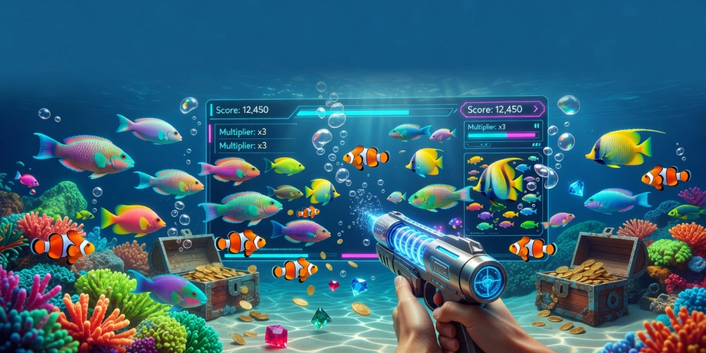 Minh họa giao diện trò chơi bắn cá online nh88 với đồ họa sống động và các loài cá đa dạng