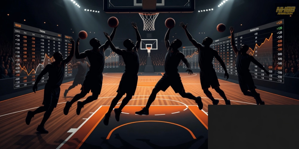 Hình ảnh cá cược NBA trên NH88 với các ngôi sao bóng rổ và bảng tỷ lệ kèo hấp dẫn