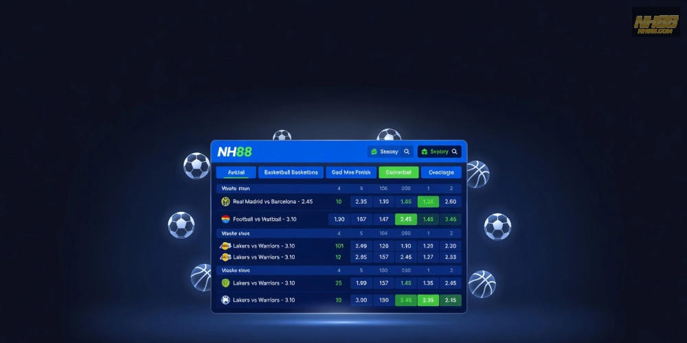 Minh họa khái niệm cá cược thể thao nh88 với giao diện nền tảng hiện đại và các sự kiện thể thao nổi bật