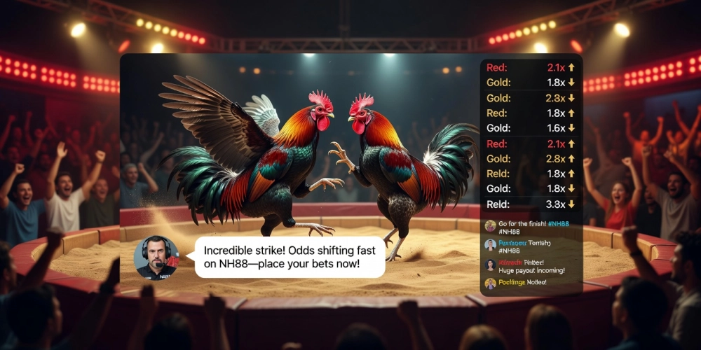 Minh họa khái niệm đá gà bình luận viên nh88 với giao diện livestream chuyên nghiệp