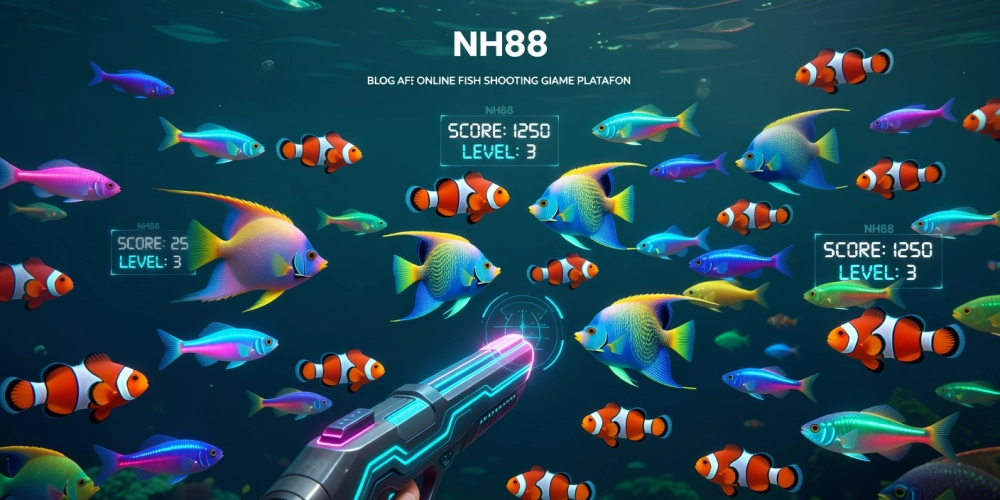 Hình minh họa khái niệm game bắn cá nh88 với giao diện sống động và cá đa sắc màu.