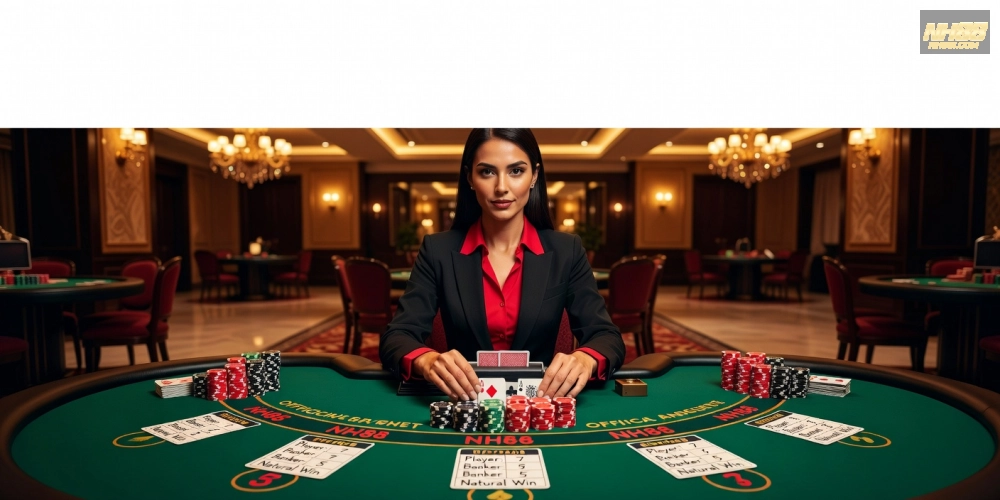 Khái niệm baccarat live casino nh88 được minh họa qua dealer chuyên nghiệp và bàn chơi hiện đại