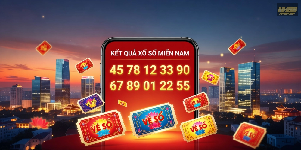 Minh họa giao diện xổ số miền Nam trên NH88 với kết quả trực tiếp và vé số đa dạng