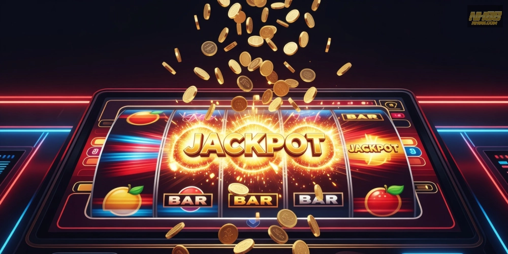 Minh họa khái niệm quay nổ hũ nh88 với hình ảnh slot machine hiện đại và jackpot sáng lấp lánh