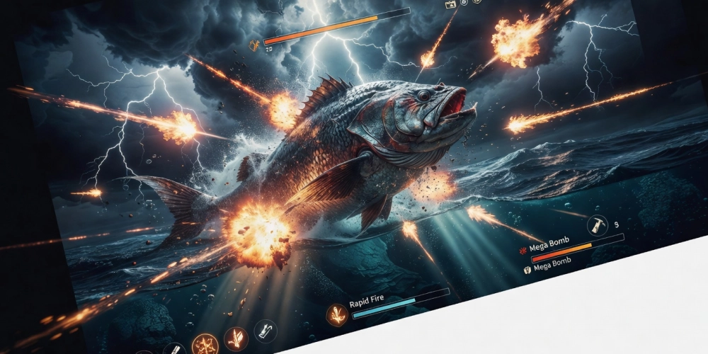 Hình ảnh gameplay Đại Chiến Biển Đông với boss cá khổng lồ và hiệu ứng nổ tung.