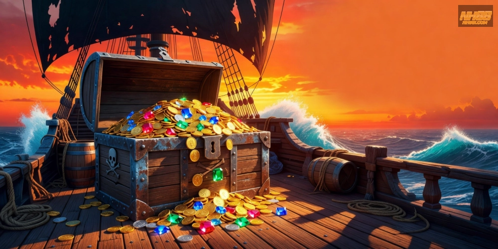 Hình ảnh minh họa game nổ hũ Pirate's Plenty với kho báu vàng óng ánh trên tàu cướp biển