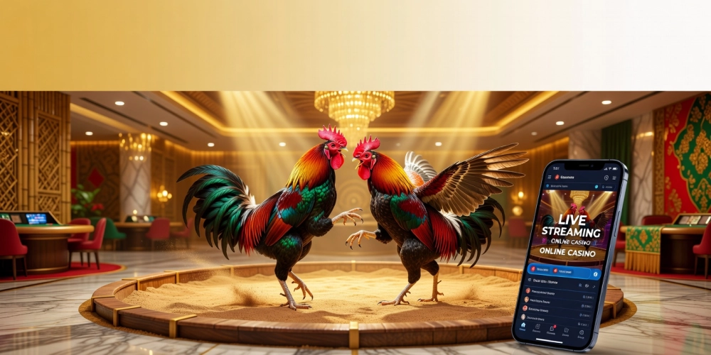 Minh họa khái niệm trực tiếp đá gà casino nh88 với hình ảnh trường gà hiện đại và màn hình streaming